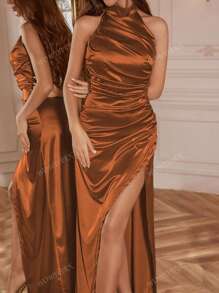 Vestido midi para mujer de cuello halter con abertura lateral slim fit, sin mangas, para fiesta y cóctel, otoño