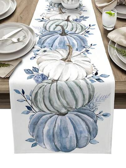 秋季蓝白南瓜桉树叶桌旗梳妆台围巾餐桌装饰可重复使用秋收厨房餐桌旗节日派对装饰品