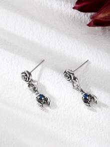 1 Par de Pendientes de Plata de Ley 925 con Flores de Rosa y Escorpión Incrustados de Cristales Vintage, Adecuados para Uso Diario de Mujeres