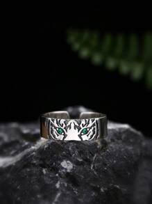 1pc 925 Sterling Silver Vintage Style Green Eye Tiger Head Zirconia Decor Open Ring, Suitable For Everyday Wear For Men