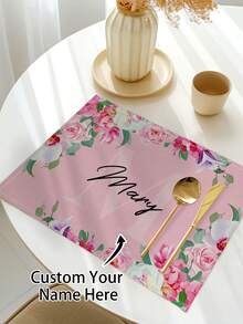 1pc Customized Flower & Text Design Dining Table Mat, Heat Resistant Kitchen Place Mat, Personalized For Parties, Home, Dining Room - Baby Pink - View 13