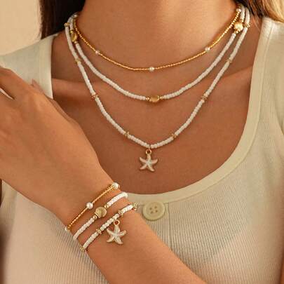 6/3Pcs Bohemian Layered Necklace And Elastic Cord Bracelet Set With Beaded Starfish, Shell, And Pearl Accents – Adjustable – Perfect For Beach Vacation Party – Women's Summer Jewelry & Accessories