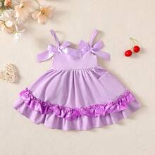 Vestido de verano para bebé niña recién nacida – Con tirantes y lazo decorativo - Morado - Ver 2