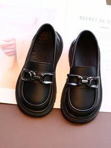 1 双儿童黑色皮革乐福鞋，一脚蹬软底休闲鞋，适合上学、春秋季、中大童 - 黑色 - 查看 5