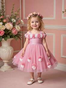 Váy cưới hoa bé gái dễ thương bằng vải tuyn hoa, thích hợp cho tiệc sinh nhật 1 tuổi và đi chơi, không bao gồm băng đô - Bụi hồng - Xem 4