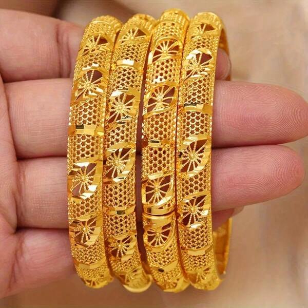 1pc 24K Gold Plated Luxury Classic Bracelet - Openable Hollow Design, Suitable For Women, Non-Mosaic Alloy Material, Perfect For Daily Wear And Vacation - Fits All Seasons