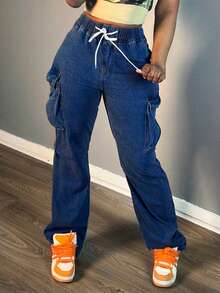 Women's Straight - Leg Denim Jeans: Featuring Drawstring And Multiple Pockets, Suitable For Various Daily Occasions - Rửa tối - Xem 2