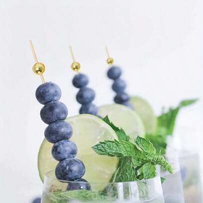 200/100/50/20/10 piezas Pinchos de bambú con perlas doradas, decoración de mesa, decoración de postres, pinchos de fruta de madera de 4.7 pulgadas adecuados para fiestas, cumpleaños, bodas, clubes, frutas, magdalenas, hamburguesas, BBQ