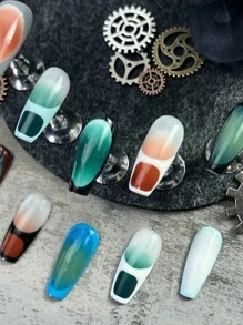 10 Peças de Unhas Postiças Irregulares em Formato de Caixão Médio, Listradas Multicoloridas Estilo Y2K Completamente Cobertas, Estilo Punk Europeu Garota Legal, Pontas de Unhas Estilo Francês Contrastante, Adequado para Meninas e Mulheres, Acompanha 1 Mini Lixa de Unha e 1 Etiqueta Adesiva