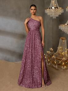 Faeriesty 女士优雅闪亮亮片单肩开衩连衣裙，搭配戏剧性超长裙摆 | 适合盛大晚宴、婚礼或正式晚宴的奢华晚装，夏季度假必备 - 藕粉色 - 查看 4