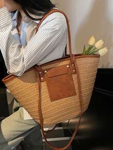 Dedoo 时尚大容量编织托特包，新款沙滩度假单肩腋下草编大包，吸睛沙滩包夏季，夏季女士草编沙滩包 - 卡其色 - 查看 2