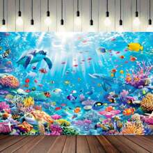 2D Underwater Fantasy Photography Backdrop - Sea Turtle, Fish & Coral Pattern | Multipurpose Polyester Fabric Banner, Suitable For Birthday Parties, Cake Table Decorations, And Summer Events