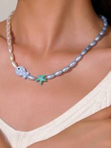 1pc Ocean Theme Vacation Style Faux Pearl, Resin Crack Bead, Ceramic Small Fish, Seaglass Tropical Fish, Starfish And Seashell Pendant Necklace For Women, Suitable For Gift And Everyday Wear