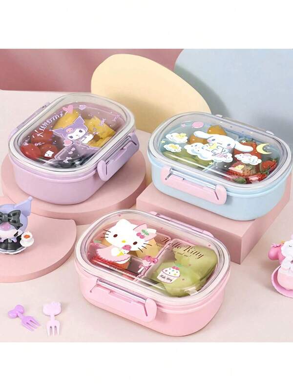 Sanrio Sanrio Obst Bento Box, Hello Kitty 3 Fach Lunchbox mit Deckel, niedliche rosa abnehmbare Behälter, Snackschalen speziell für Kinder und Grundschüler, tragbare Snack- und Lebensmittelaufbewahrungsbox zum Mitnehmen, geeignet für Camping und Rückkehr zur Schule