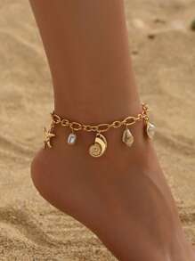 1 pieza Tobillera de estilo vacacional de playa con múltiples colgantes, fashionable joyería de mujer con dije de estrella de mar metálica y concha natural. Adecuado para uso diario, citas, viajes y vacaciones. El tamaño y el patrón de las conchas naturales son aleatorios.