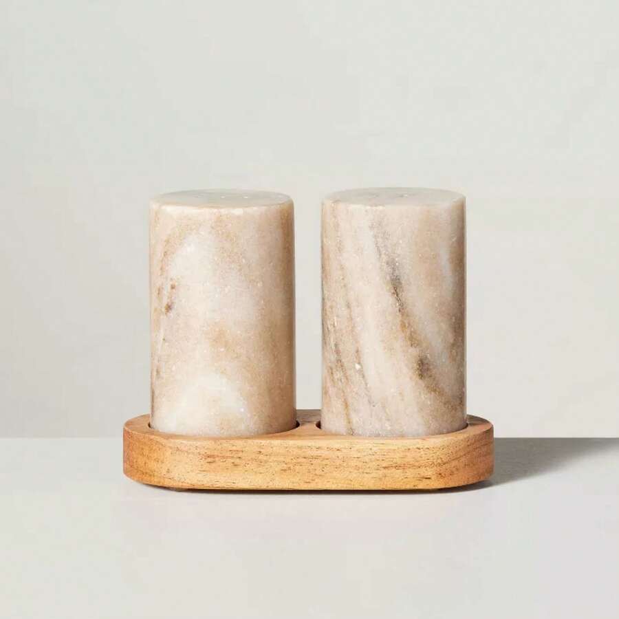 3pc Marble Salt And Pepper Shakers Warm Beige With Magnolia