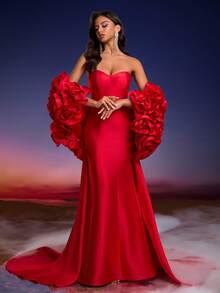 Anymoon Women's Luxury Handmade Floral Decor Formal Evening Gown/Wedding Dress With Train, Suitable For Formal Occasions, Parties And Weddings Spring Party - Red - View 4