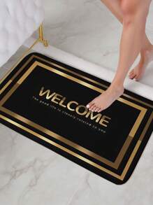 1pc Black Background, Paperclip Border, "Welcome" Pattern Bath Mat, Modern Minimalist Absorbent Non-Slip Bathroom Carpet, Flannel Bathroom Mat With Anti-Slip Backing, Suitable For Entrance, Bedroom, Kitchen, Bathroom Non-Slip Mat, Home Decor Rug