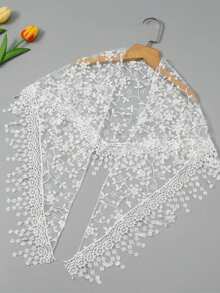 1 chiếc khăn choàng cổ tam giác thêu ren màu trơn cho nữ, khăn choàng đầu hoa hồng rỗng, khăn choàng voan tua rua đa năng, phong cách Bohemian phù hợp để mặc hàng ngày trong mọi mùa - khăn tam giác - Xem 3