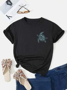 Camiseta de verano holgada y casual con estampado de tortuga, adecuada para la playa Pareja de San Valentín - Negro - Ver 2