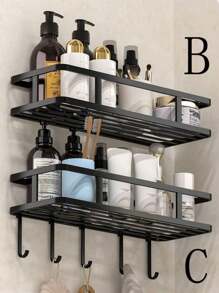 1pc Iron Storage Rack With Hook, Multifunctional Black No Perforation Wall Mounted Corner Storage Rack For Bathroom