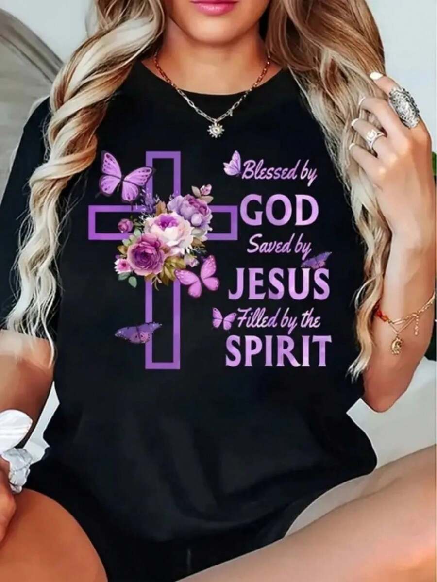 Plus Size Women T Shirt Round Neck Short Sleeve Cotton Breathable Religious Themed Design Purple Cross Floral Motif Inspirational Quote Positive Vibe Casual Available Size L-3XL 4XL 5XL - 黑色 - 查看 1