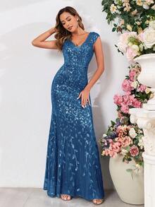 Đầm dạ hội dáng đuôi cá tay ngắn cổ chữ V đính sequin co giãn cao cấp, phù hợp cho phái nữ, dự đám cưới, lễ tốt nghiệp, các dịp trang trọng, tiệc gala, v.v. Tiệc mùa xuân - Màu xanh ngọc - Xem 6