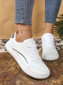 AOSEIN 女式宽版运动鞋，皮革鞋面，金属条纹装饰，系带前部赤脚跑步鞋，适合户外活动 - 白色 - 查看 6