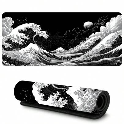 Tấm lót chuột chơi game Japanese Wave cỡ lớn - Tấm lót bàn đế cao su chống trượt, có thể giặt được với thiết kế Great Wave Off Kanagawa màu đen và trắng rực rỡ, lý tưởng cho game thủ và chuyên gia, tấm lót bàn cực dài và dày, đế chống trượt, mặt vải
