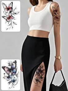 5 PIEZAS de pegatinas de tatuaje temporal de moda y lindas, tatuajes falsos coloridos para parejas, diseño de patrón floral de mariposa y rosa, desechables, resistentes al agua y al sudor, fáciles de usar y quitar, perfectos para los brazos, pies y piernas de las mujeres, accesorios para festivales de música y fiestas. - Multicolor - Ver 2