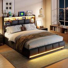 Upholstered Bed 140x200 Cm With Storage Headboard, Modern Double Bed Frame 140x200 Cm With Slatted Frame, Bed Box, Hydraulic Double Bed, Without Mattress, Black, PU Leather (160x200cm) - 黑色 - 查看 2