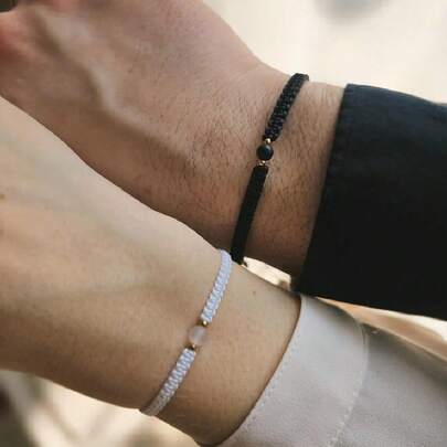 Set de 2 brazaletes minimalistas de cuerda trenzada negra/blanca con piedra lunar para parejas, brazalete para él y ella, regalo para parejas, pulseras de amistad
