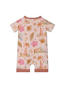 Baby Bamboo Fiber Zip-Up, Cowgirl Western Style Print Short Sleeve Romper, Summer Knit Fabric Skinny Fit With Zipper Detail, Boy Baby Girl Clothes, Perfect For Outdoor - 粉色 - 查看 2