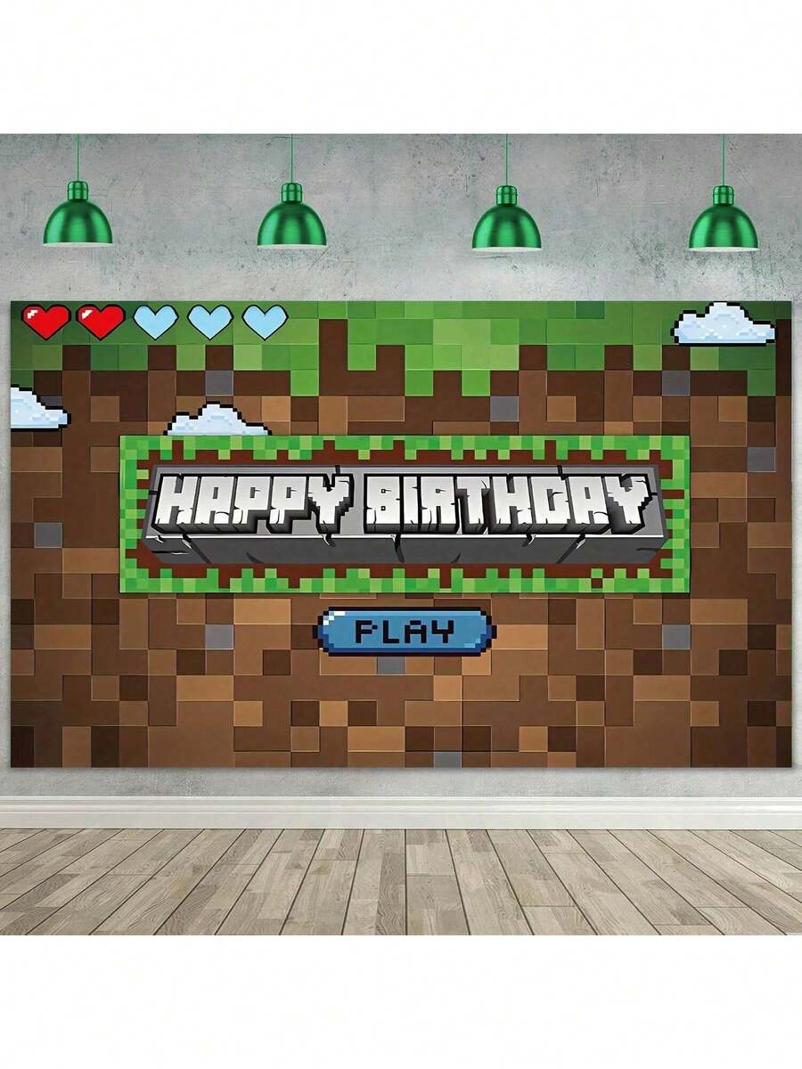 1 件像素风格生日派对背景横幅，适用于生日派对、蛋糕桌横幅、拍照亭、卡通游戏派对背景装饰用品礼品