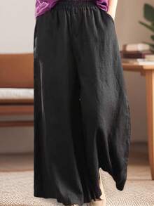 Plus Size High Waisted Wide Leg Pants Solid Elastic Waist Loose Fit Flowy Trousers With Pockets - Black - View 2