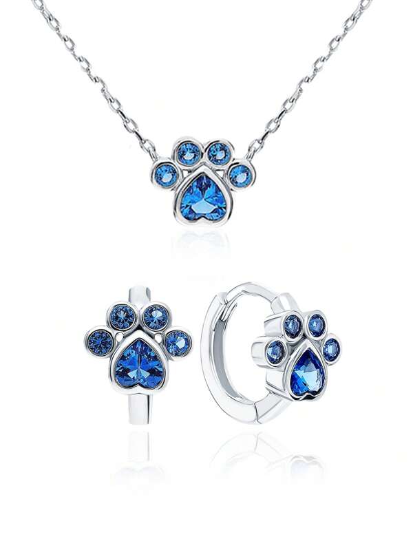 1 Set 925 Sterling Silber Halskette und Ohrringe Set mit Katzenpfoten Muster mit blauen Zirkoniasteinen, dieses stilvolle und minimalistische Schmuckset ist perfekt für den täglichen Gebrauch oder Veranstaltungen von Teenagern. Ein entzückendes Geburtstagsgeschenk für Töchter und Enkelinnen.