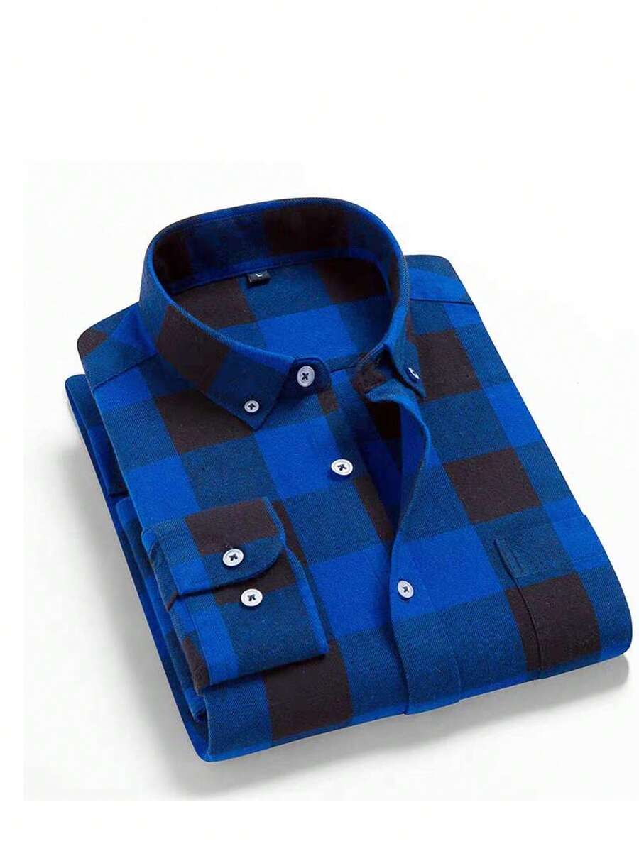 Men's Plaid FLANNEL Shirt Long Sleeve Slim NO POCKET - Biru - View 1