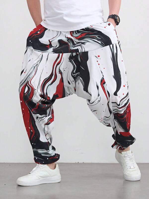 بنطلون رجالي كاجوال فضفاض بطبعات ألوان متباينة وخصر منخفض، خريف