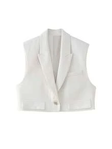 SHIBASHAN Summer Crop Lapel Blazer Top For Women Business Elegant Sleeveless Single Button Suit Jacket Waistcoat Casual White - White - View 6