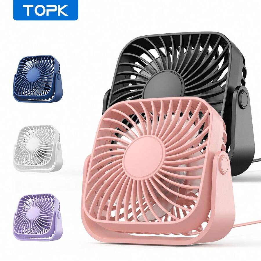 TOPK 迷你台扇，便携，静音运行，360°旋转，强劲风量，USB供电，时尚设计，无刷电机，适用于办公室、卧室、书房