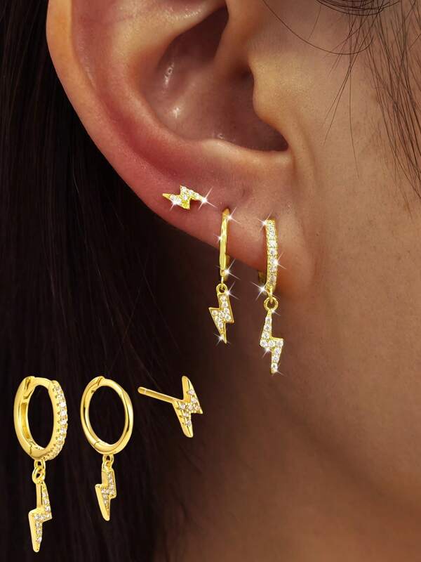 3 pièces de boucles d'oreilles en argent sterling 925 de style minimaliste quotidien, avec une forme de éclair sertie de zircone scintillante. Convient pour les adolescents à porter au quotidien ou comme cadeau d'anniversaire - hypoallergénique, sûr et confortable.