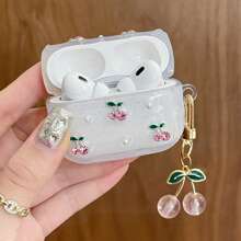 Resin Coated Cherry Pattern Wireless Bluetooth Earphone Case Compatible With Apple 4/3/Pro/Pro2, Shockproof Bluetooth Earphone Protector, Pink