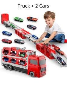 ألعاب شاحنات نقل للأطفال ، شاحنة نقل مزدوجة السكة وماطلقة السيارات بطول 61 بوصة ، مجموعة شاحنة نقل مع سيارتين معدنيتين وصندوق تخزين قابل للطي ، هدية ألعاب سيارات للمراهقين ، مناسبة للبنين والبنات من عمر 2 و 3 و 4 و 5 و 6 سنوات وما فوق