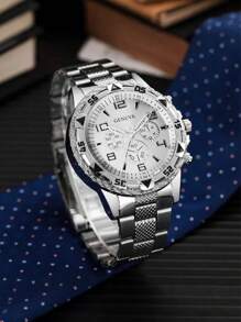 High-End Large Dial 3-Eye Steel Strap Men's Watch With Blue Sapphire Glass, Round Dial