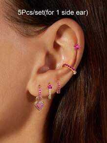 Set de 5 piezas de pendientes para mujer elegantes chapados en oro con circonita multicolor, incluyendo aro, pendiente colgante y pendiente de presión. Accesorios de joyería glamorosa.