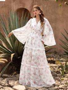 Faeriesty Vestido casual con estilo bohemio y floral con mangas de encaje con volantes y escote en V - Estampado de flores, mangas anchas para picnics de fin de semana, paseos casuales y tardes acogedoras