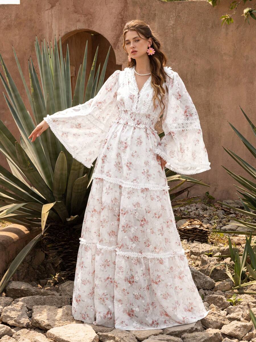 Faeriesty Vestido casual con estilo bohemio y floral con mangas de encaje con volantes y escote en V - Estampado de flores, mangas anchas para picnics de fin de semana, paseos casuales y tardes acogedoras