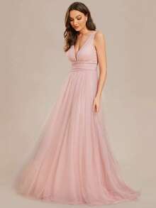 EVERPRETTY 优雅无袖细肩带 V 领薄纱对比 A 字形伴娘礼服粉色礼服，适合婚礼派对 - 粉色 - 查看 3
