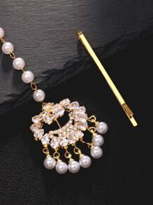 1 pièce Vintage Maang Tikka couronne de mariée avec perle et strass, bijoux de mariage, bijoux de carnaval pour la tête, chaîne à cheveux, ornement de tête, bijoux pour cheveux