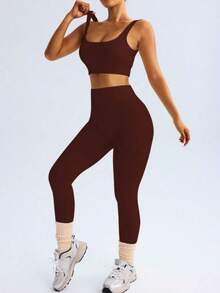 Fitness Set In Ribbed, Full-Bodied Polyamide - Top And Leggings - High Compression - Cà phê nâu - Xem 6